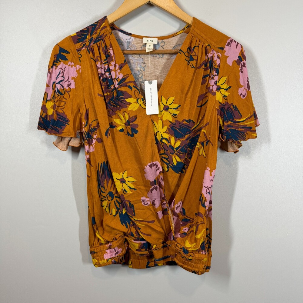 Anthropologie TINY Mustard Floral‎ Surplice V-Neck Top Blouse Size S NWT